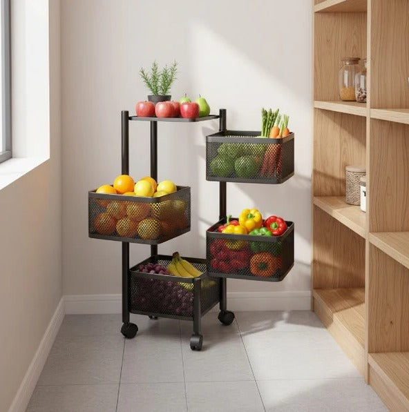 Metal Furniture 4-tier metal kitchen rack with wheels, featuring square and round baskets for organized storage.
