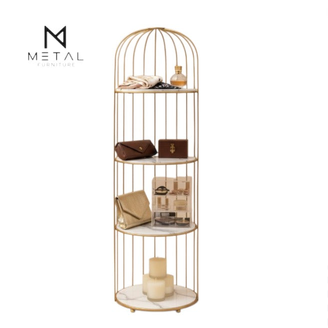 Four-tier gold birdcage makeup organizer by Metal Furniture for luxury accessories and beauty collections.
