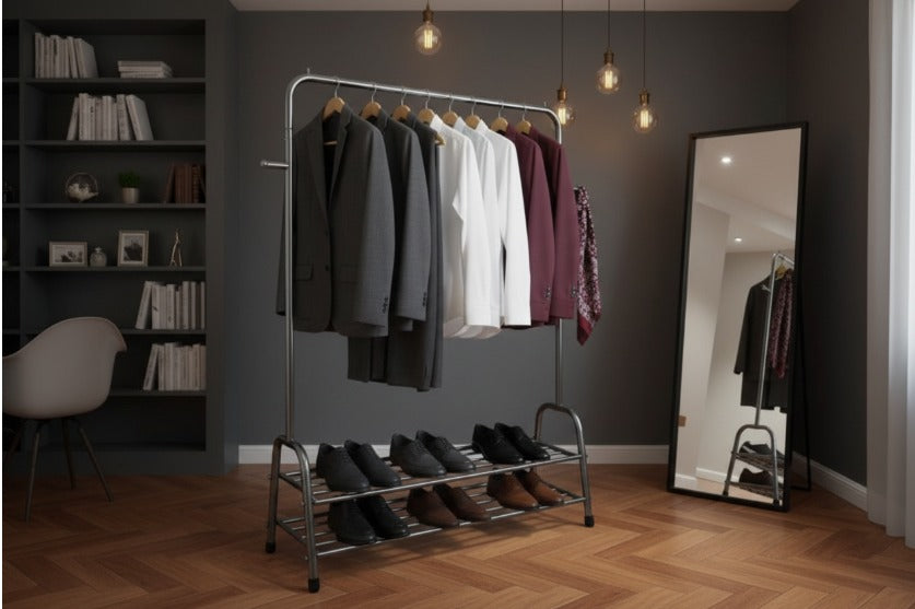 Metal Furniture metal hanging stand with dual shoe rack and side hooks for organized clothing and shoe storage.