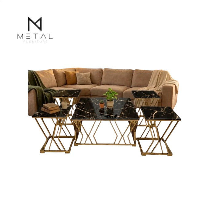 White Wooden Marble Nesting Table Set — Gold X-Frame