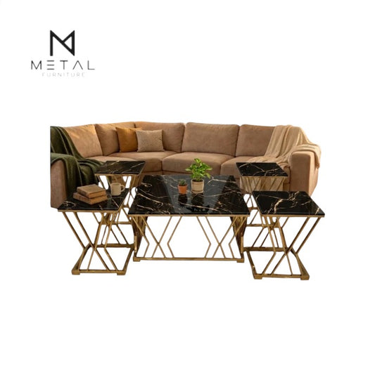 White wooden marble nesting tables with gold X-frame from Metal Furniture, showcasing a modern center table set with elegant design.
