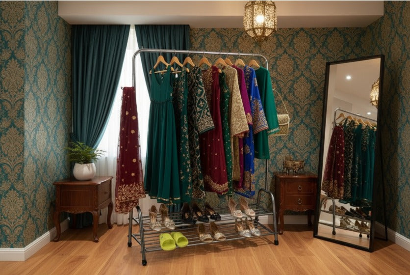 Metal Furniture hanging stand with dual shoe rack and side hooks for organized clothing and footwear storage.