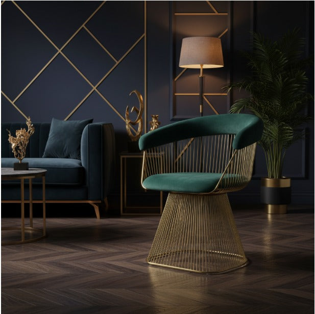 Modern luxury metal accent chair with a gold frame, featuring sleek design and plush cushioning for stylish living room decor.