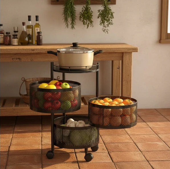Metal Furniture 3-tier metal kitchen rack with wheels featuring square and round baskets for versatile organization.