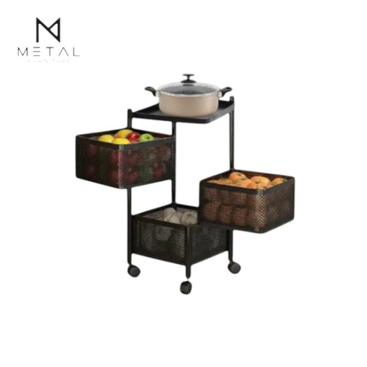 Metal Furniture 3-tier metal kitchen rack with wheels featuring square and round baskets for organized storage.