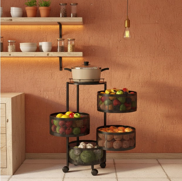 Metal Furniture 4-Tier Metal Kitchen Rack with Wheels featuring square and round baskets for organized storage.