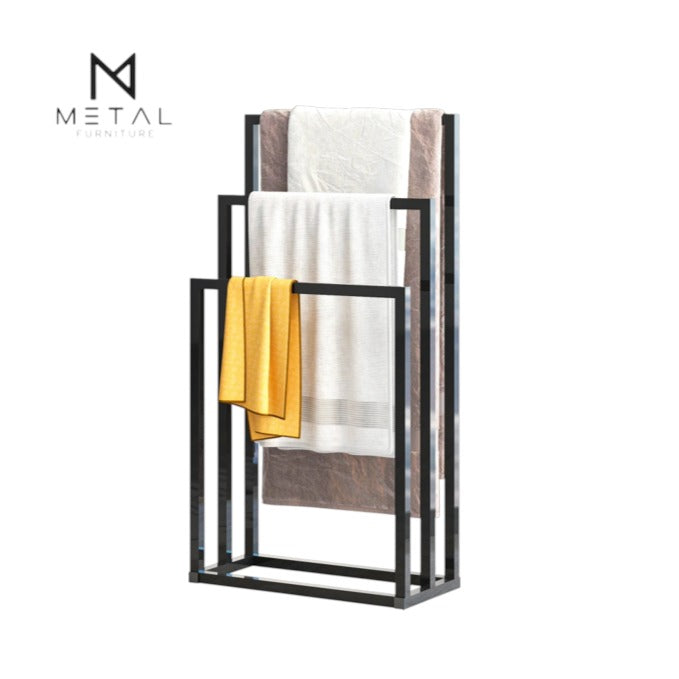 Metal Furniture cloth stand towel hanging rack for laundry organization, showing a sturdy metal frame with multiple bars for towels.