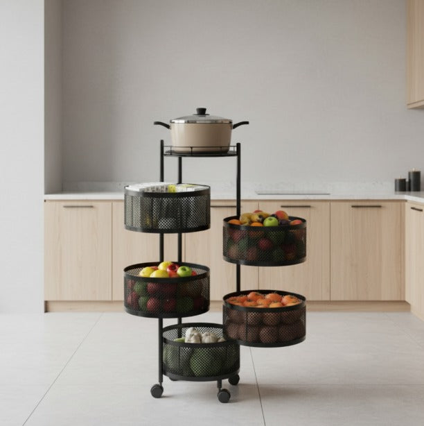 Metal Furniture 5-tier rotating kitchen organizer rack with wheels, round and square shape for oven storage.