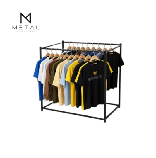 Heavy-duty metal frame cloth hanging stand by Metal Furniture, easy to assemble and sturdy for clothing or fabric display.