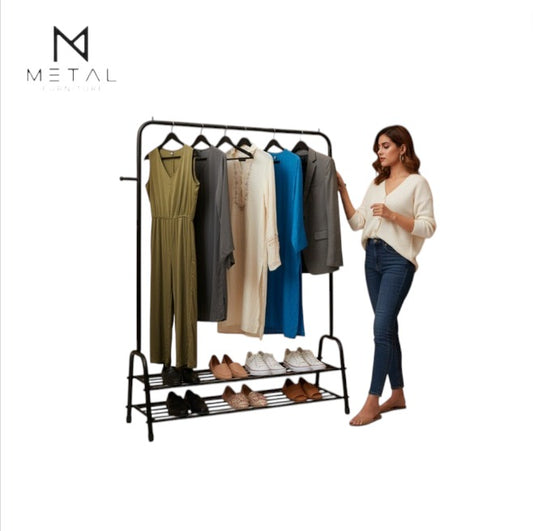 Metal Furniture hanging stand with dual shoe rack and side hooks, ideal for organizing clothes, shoes, and accessories.