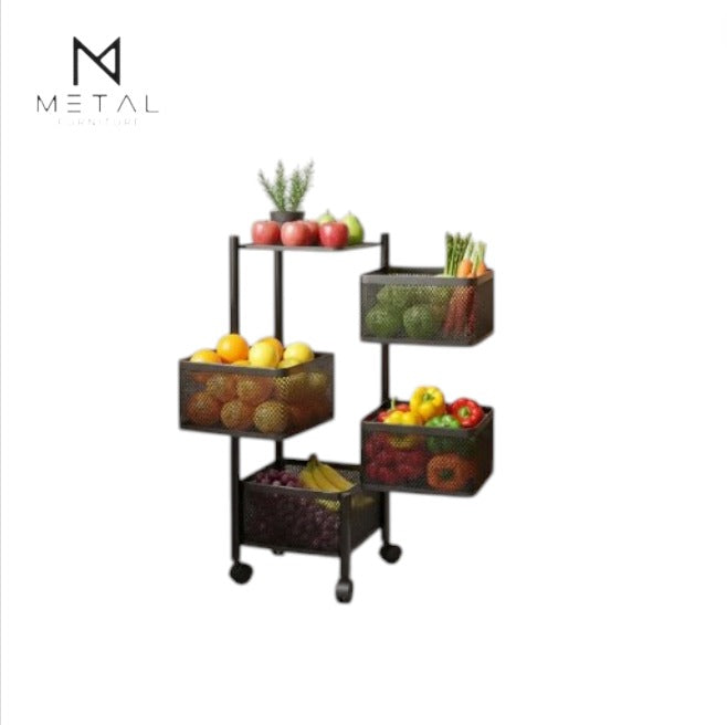 Metal Furniture 4-tier metal kitchen rack with wheels, featuring square and round wire baskets for organized storage.