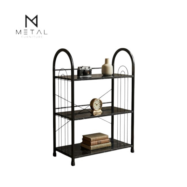 Modern Metal Furniture 3-tier bookshelf with wooden shelves, ideal for home or office storage and display.