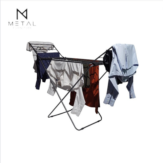 Metal Furniture folding cloth drying stand for laundry, with multiple drying bars and adjustable frame for clothes drying and organization.