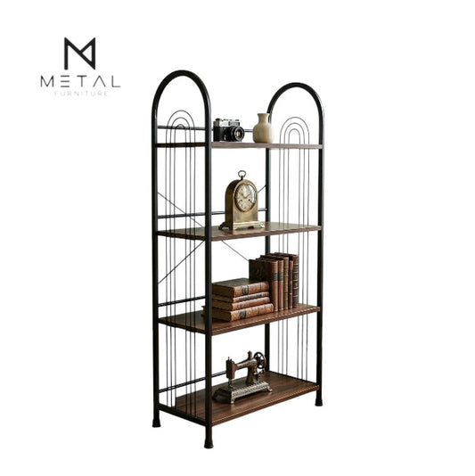 Metal Furniture 4-layer metal bookshelf with stylish wooden shelves for books and home décor storage in a modern design.