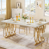 Western Style Modern Wooden Luxury Rectangular Dining Table – 4 to 6 Seater, White and Gold Marble Finish