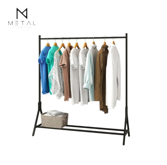 Metal Furniture cloth hanging stand with bottom shelf, metal coat rack for hanging clothes and organizing garments.