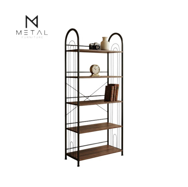 Metal Furniture 5-tier bookshelf with sturdy metal frame and wood finish shelves, ideal for bedroom or study storage.
