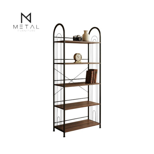 Metal Furniture 5-tier bookshelf with sturdy metal frame and wood finish shelves, ideal for bedroom or study storage.