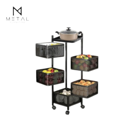 Metal Furniture 5-tier rotating kitchen organizer rack with wheels, round and square shapes, ideal for oven storage and organization