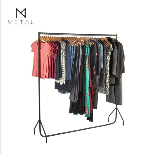 Metal Furniture 5-foot cloth hanging stand for clothing organization, featuring a sturdy metal frame and multiple hanging rods.