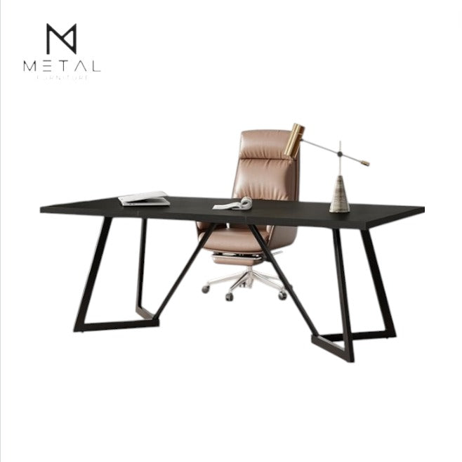 Black Elevate Executive Office Desk by Metal Furniture with sleek wooden marble texture and powder-coated metal frame.