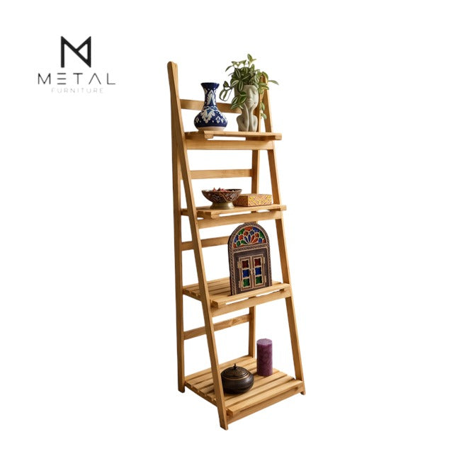 4-Tier Wooden Ladder Shelf, Folding Leaning Display Bookcase & Plant Stand Rack – Natural Light & Dark Beech Wood Finish