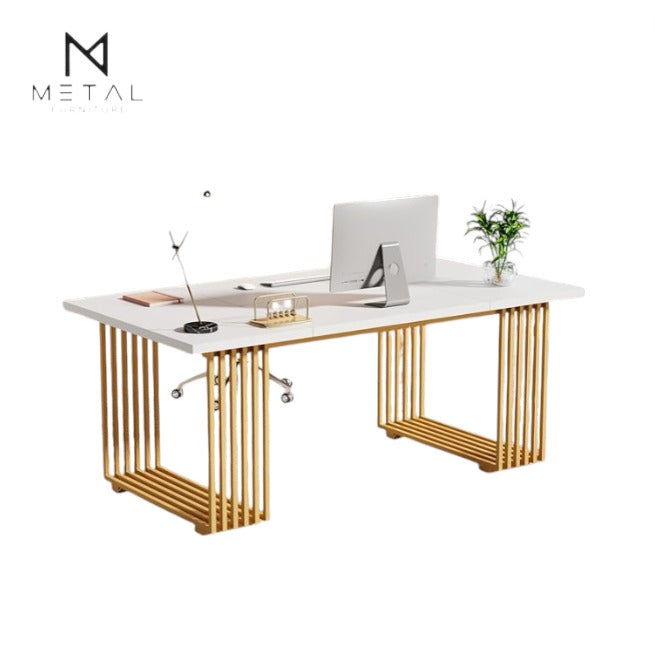 LuxeLine Gold Frame Office Desk by Metal Furniture with sleek gold metal legs and a spacious surface for workspace elegance.