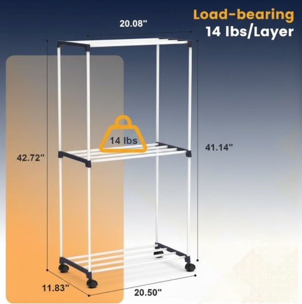 Metal Furniture 3-tier foldable drying rack with silver bars and multiple storage spaces for home laundry organization.