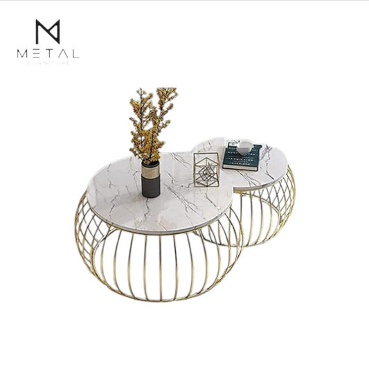 Two round Metal Furniture center tables with sleek metal legs for living room home decor, modern and stylish furniture.