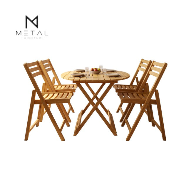 Folding Wood Dining Set – Slatted Round & Square Table with Collapsible Chairs for Kitchen & Patio