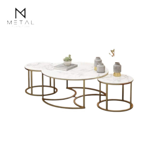 Set of three round Metal Furniture center tables for living room, featuring sleek metal design and smooth tabletops.