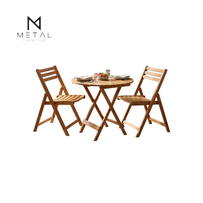 Slatted Round & Square Table with 2 Chairs for Kitchen, Balcony & Patio | Space-Saving Wooden Dining Set