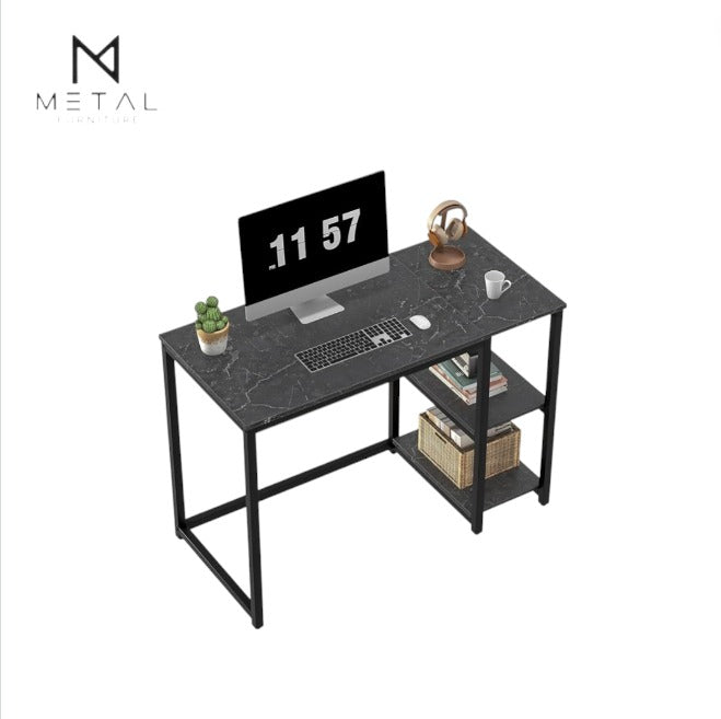 Metal Furniture office desk with rich walnut finish tabletop, black metal frame, and built-in lower shelf for organized workspace.