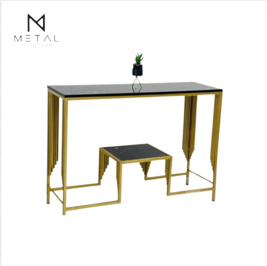 Metal Furniture 2-Tier Center Shelf Console Table with metal frame for living room, showing a sleek modern design and spacious surface.