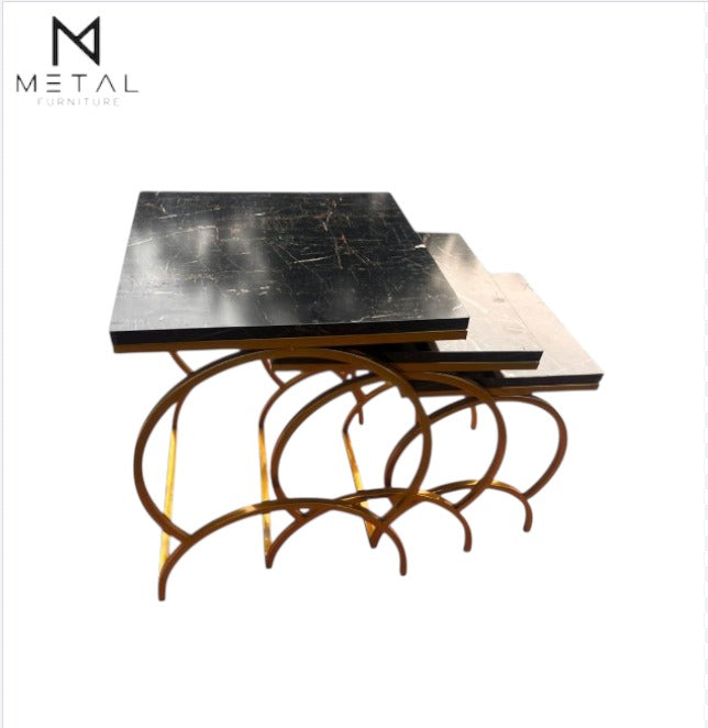 Modern Luxury Nesting Table Set Featuring Golden Metal Base and Smooth Marble Texture Tops