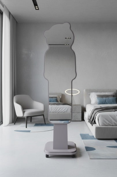 Modern bedroom with a standing mirror and minimal decor