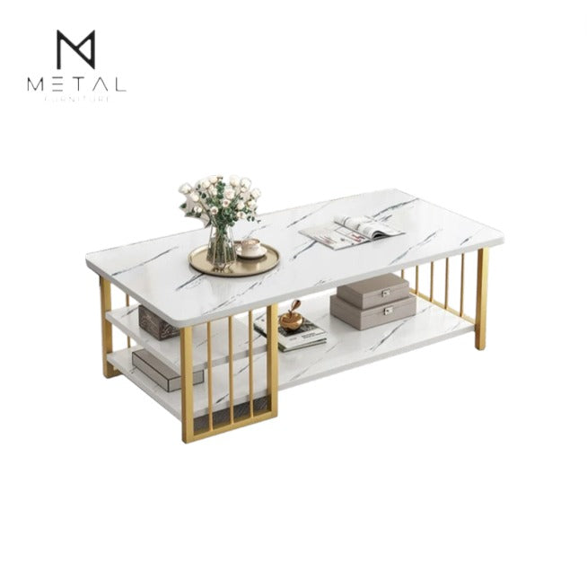 Rectangular luxury metal center table with three shelves, modern design, ideal for living room decor by Metal Furniture.