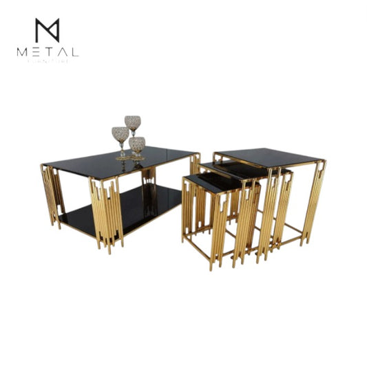 Set of four Metal Furniture square nesting tables with metal frames and marble-textured wooden tops, ideal as center tables.