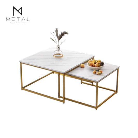 Set of two square nesting tables with gold painted finish, modern metal furniture center tables for living room decor.