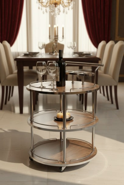 Round metal serving cart with wine bottle and glasses in a dining room setting