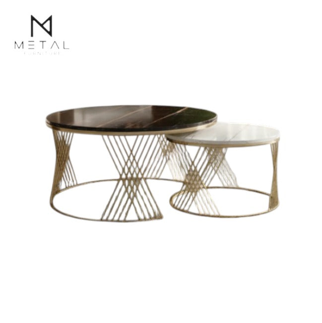 Elegant gold metal center table set by Metal Furniture, stylish coffee tables for home and reception with sleek, modern design.