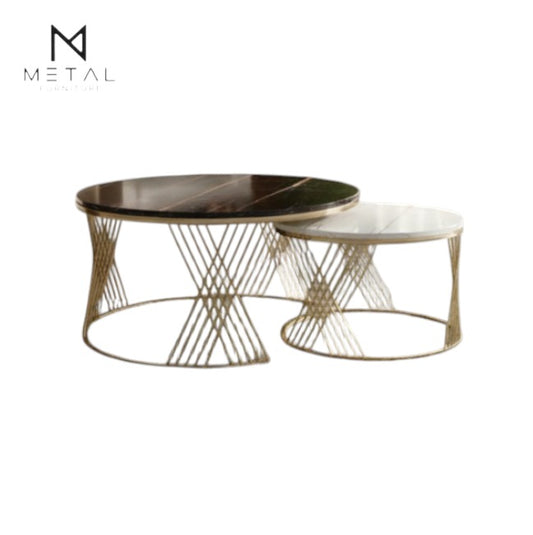 Elegant gold metal center table set by Metal Furniture, stylish coffee tables for home and reception with sleek, modern design.