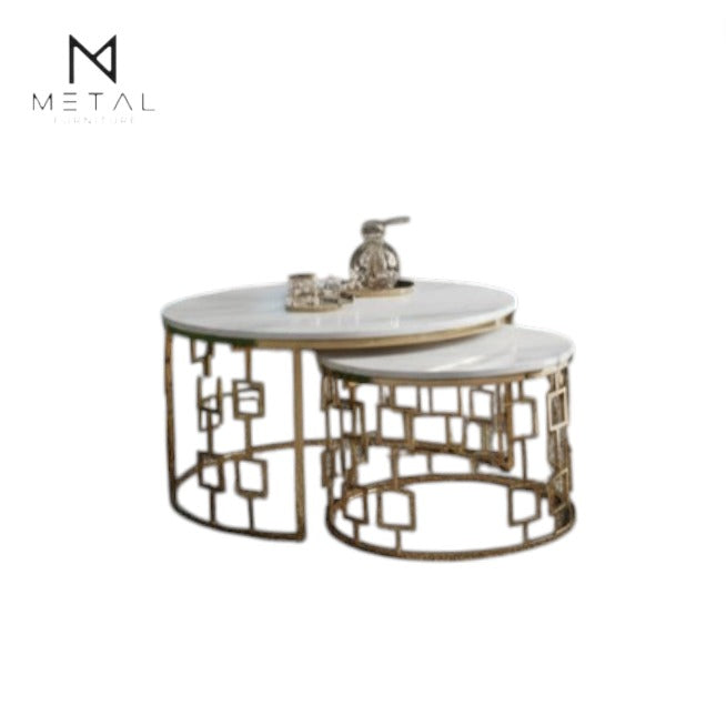 Gold Metal Furniture round center table set for living room, modern and luxurious with a sleek gold design and smooth surface.