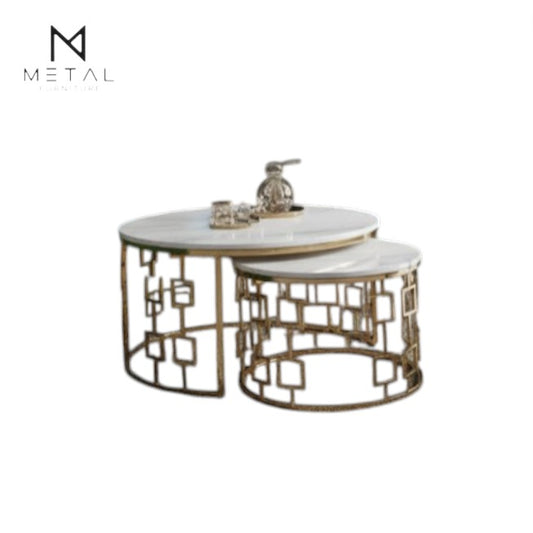 Gold Metal Furniture round center table set for living room, modern and luxurious with a sleek gold design and smooth surface.