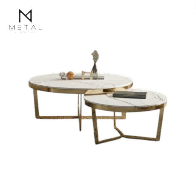 Modern center table set with a golden frame, featuring sleek design and metal construction, perfect for contemporary living rooms.