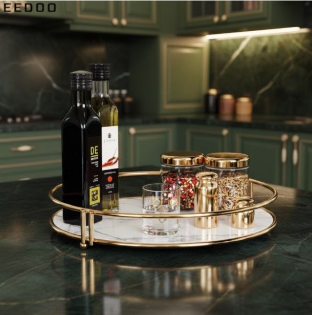 Gold metal round makeup organizer tray with compartments, ideal for bathroom or bedroom vanity decor.