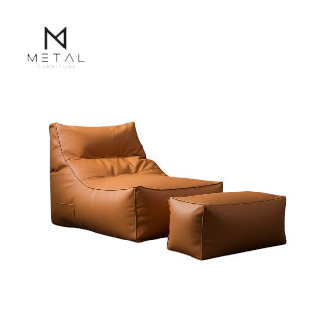 Premium Luxury Brown Leather Bean Bag Chair with Ottoman Footrest – Ergonomic Lounge Sofa Seat for Adults