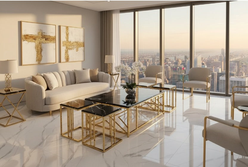 Modern living room with marble floor, gold coffee table, and cityscape view.