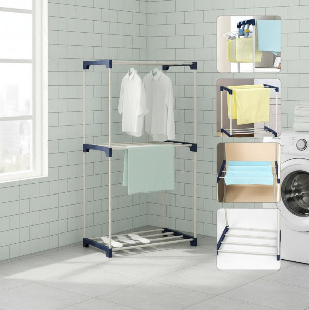 Metal Furniture 3-tier foldable drying rack with silver bars, versatile for drying clothes and multi-use storage in home and living spaces.