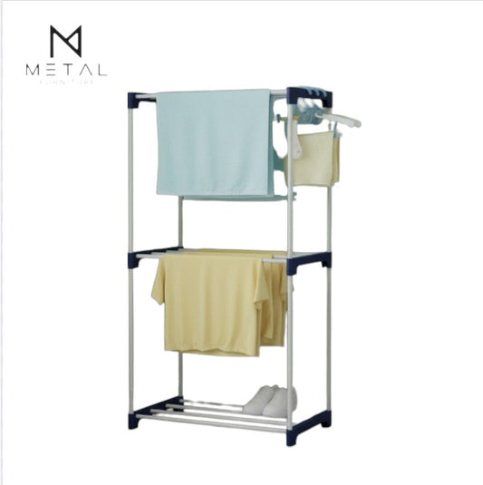 Metal Furniture 3-tier foldable clothes drying rack with silver bars and multi-use storage for home laundry needs